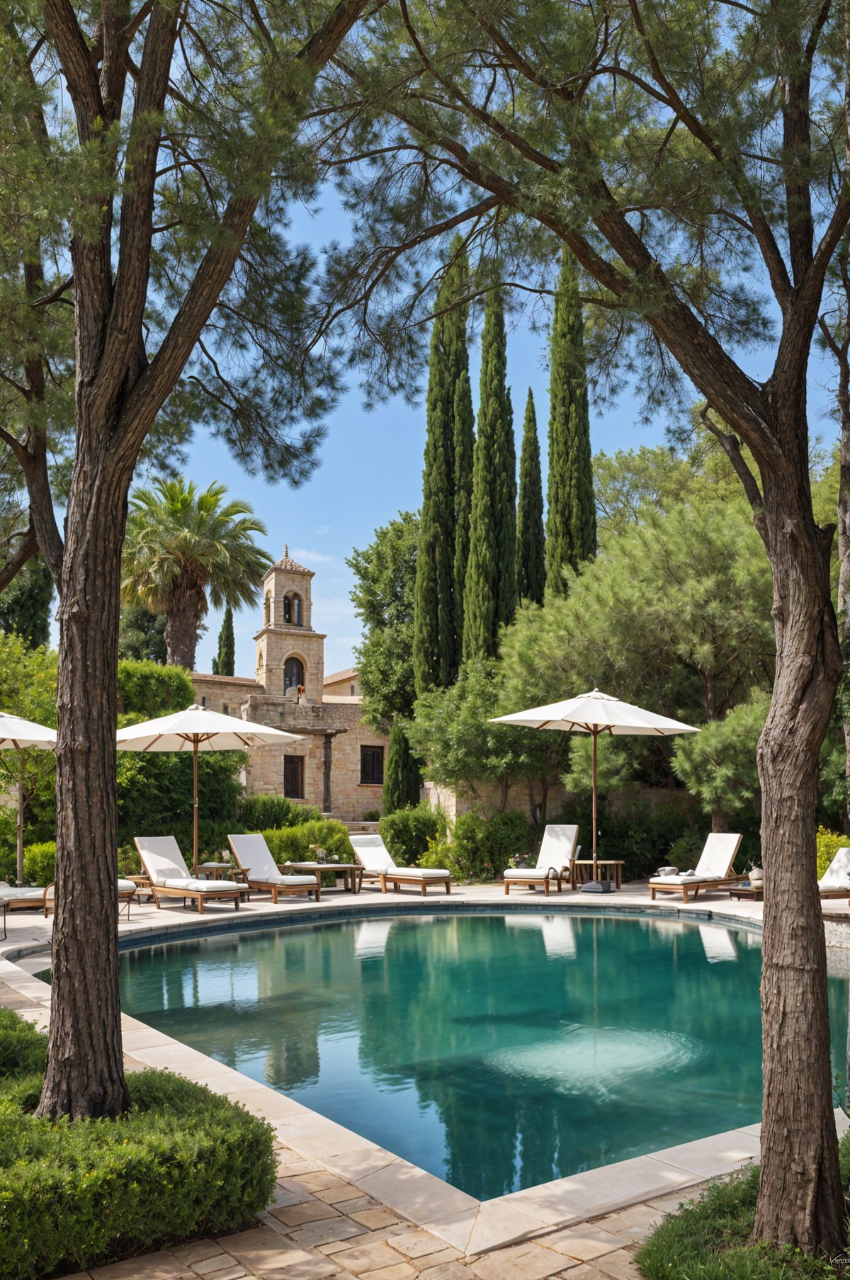 Mediterranean-style house with a pool and chairs under umbrellas