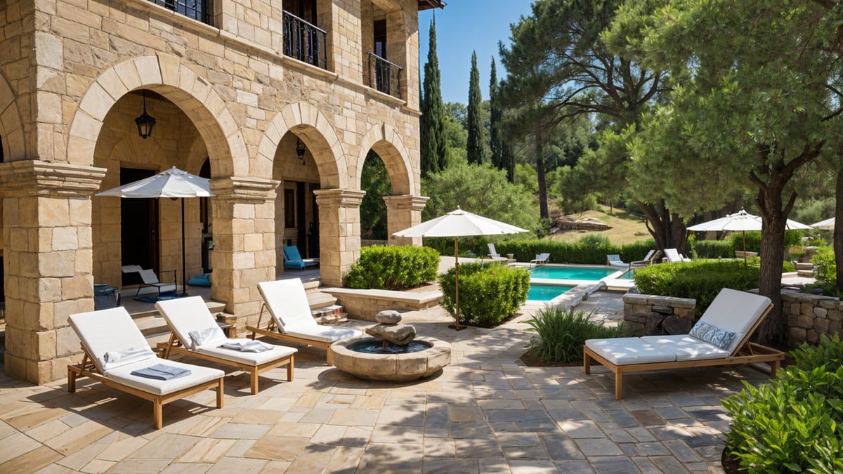 Mediterranean-style house with a large outdoor patio featuring a swimming pool, a fountain, and several chairs and umbrellas.