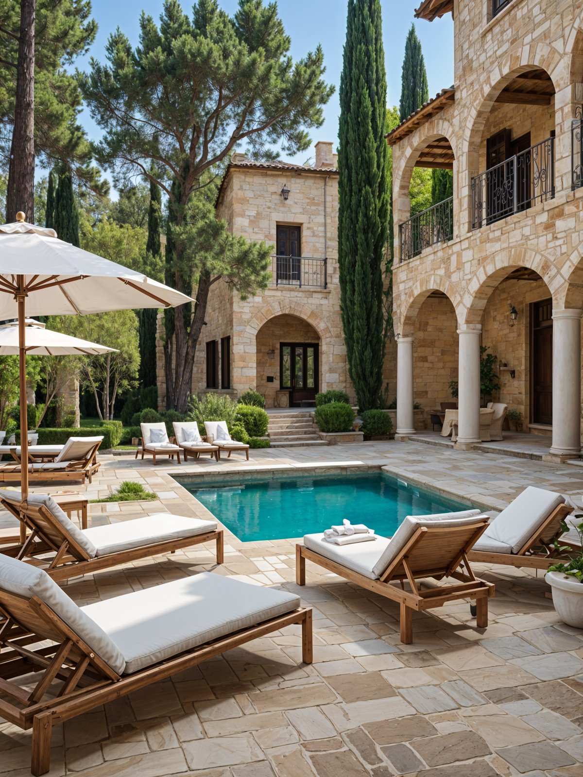 Mediterranean-style house exterior with a large pool and patio area, featuring several chairs and umbrellas.