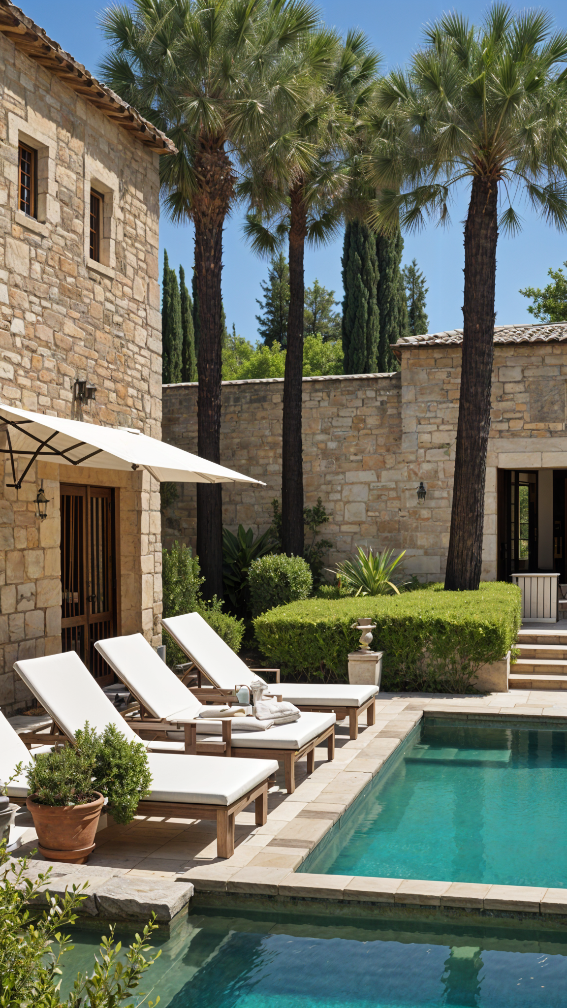 Mediterranean house exterior with pool, lounge chairs, and potted plants