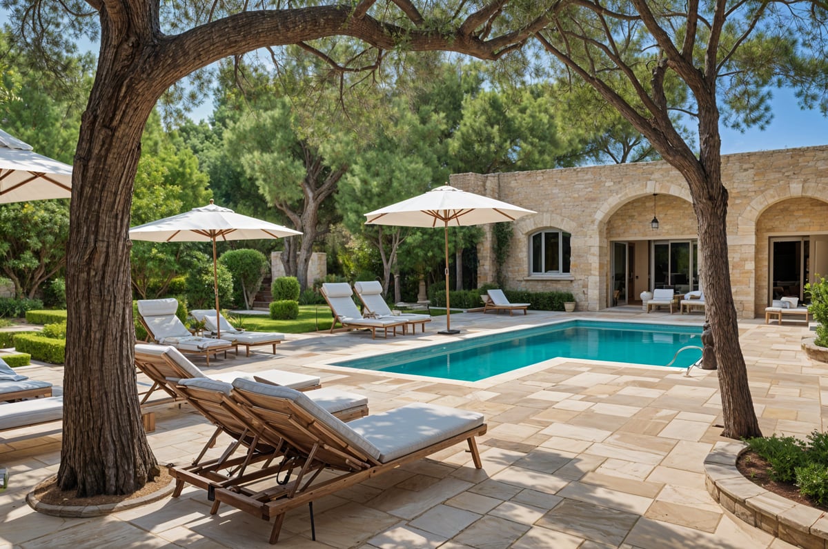 Mediterranean-style house exterior with a pool and patio area, featuring chairs and umbrellas.