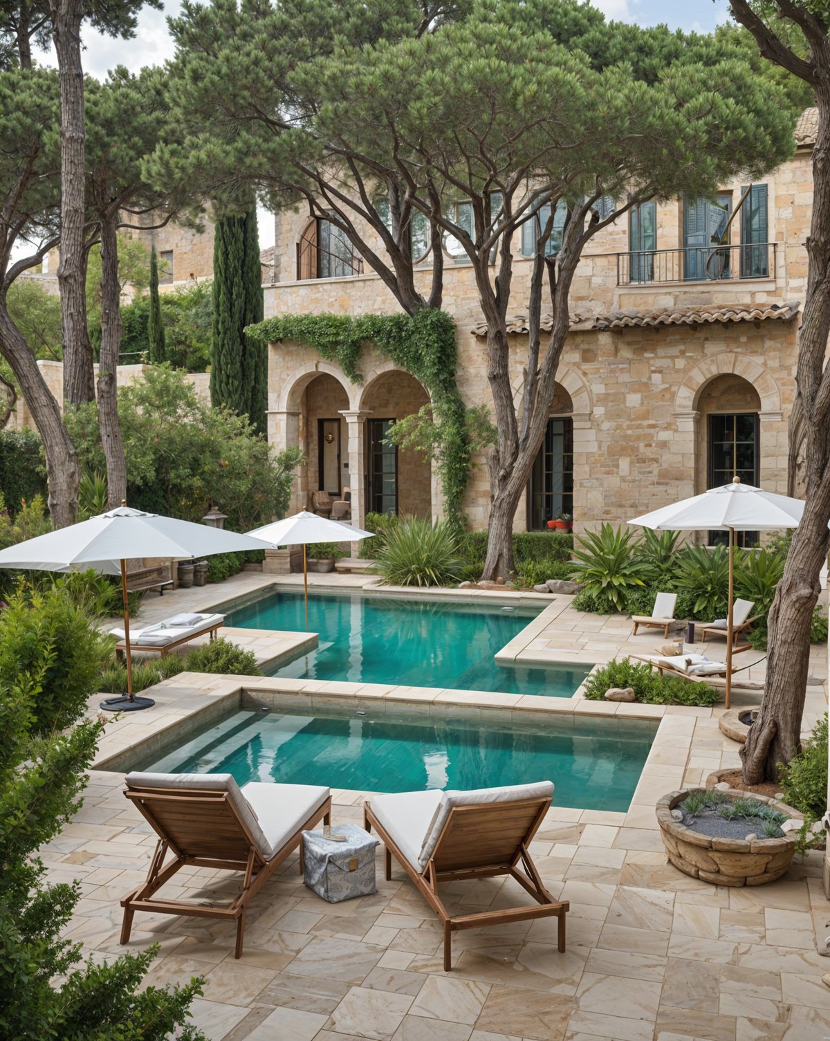 Mediterranean house exterior with a pool and outdoor seating