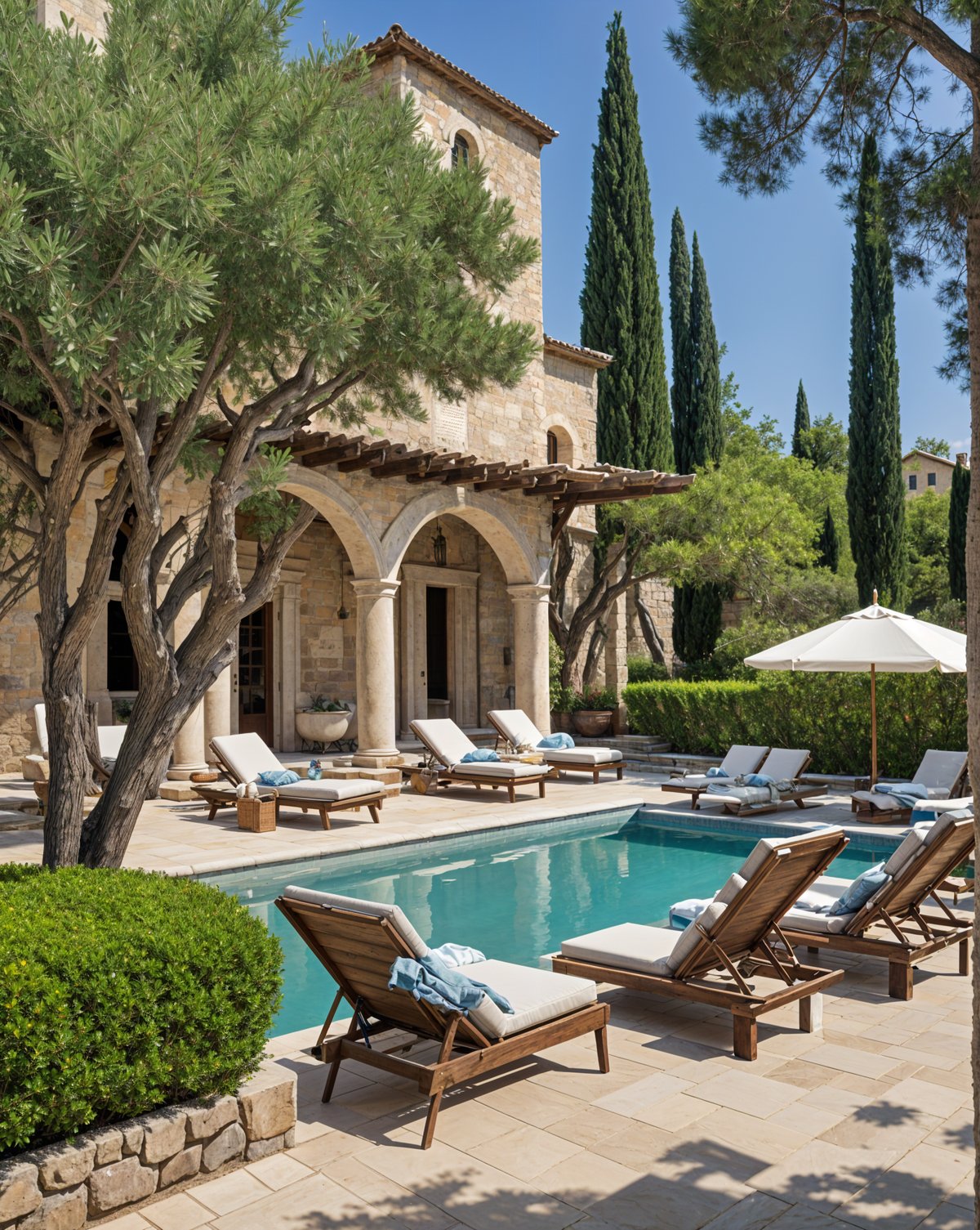 Mediterranean-style house with a large swimming pool and patio filled with lounge chairs.