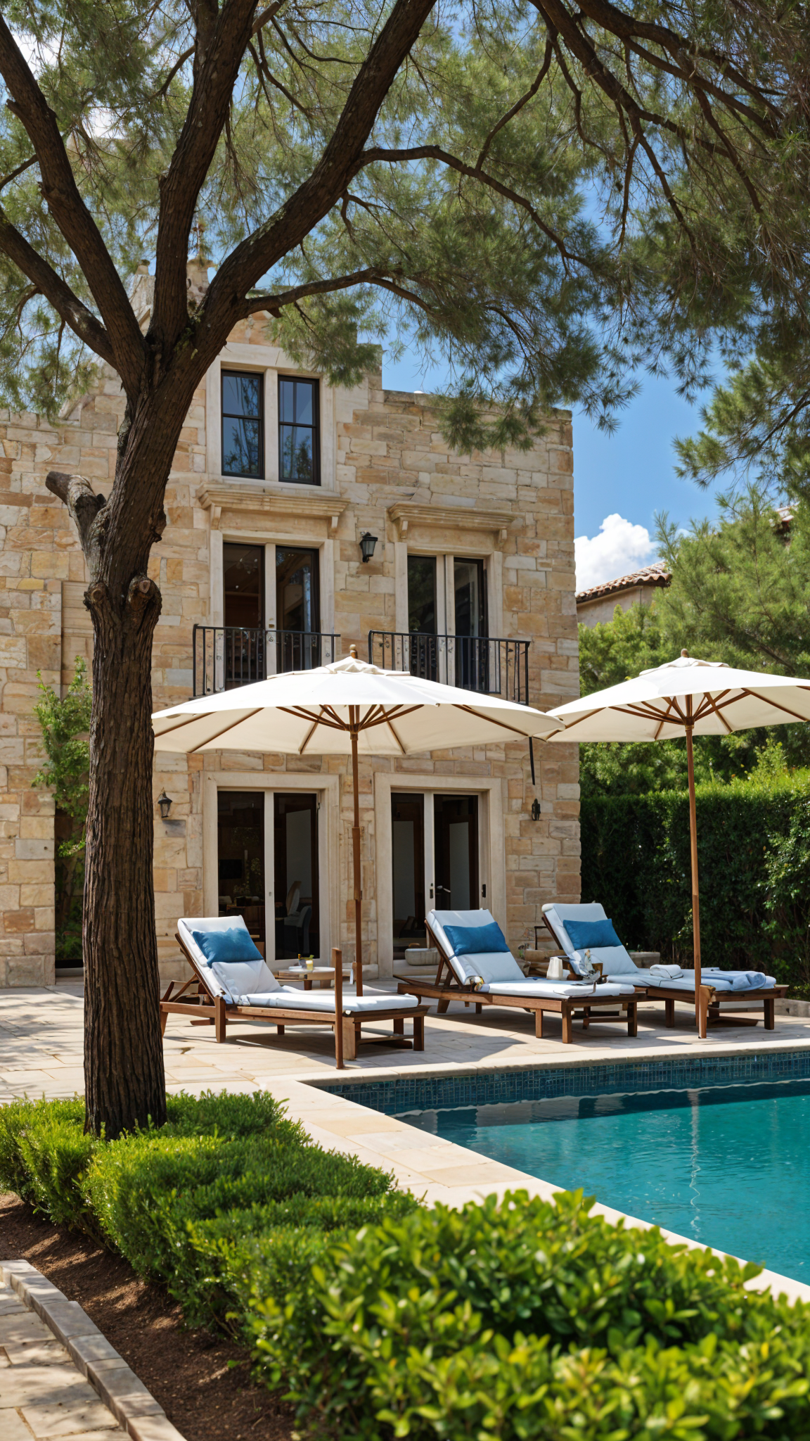 Mediterranean-style house with a large pool and patio area, featuring several chairs and umbrellas.