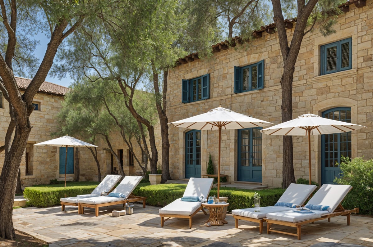 Mediterranean-style house with patio featuring white lounge chairs and umbrellas