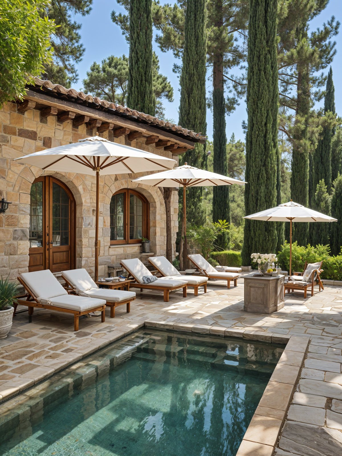 Mediterranean house exterior with pool, patio furniture, and umbrellas