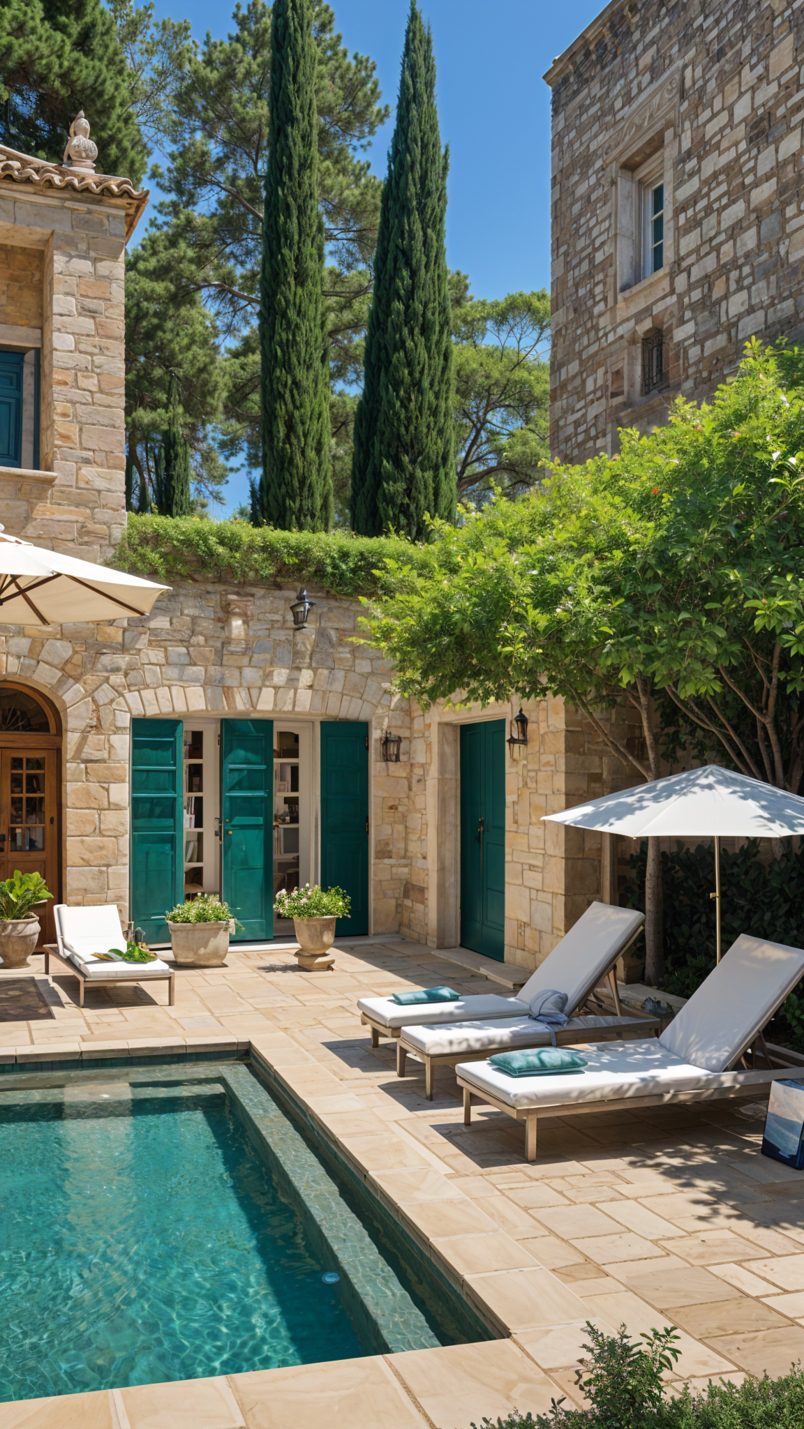 Mediterranean-style house with a stone exterior, patio, chairs, and umbrella. The patio overlooks a pool.