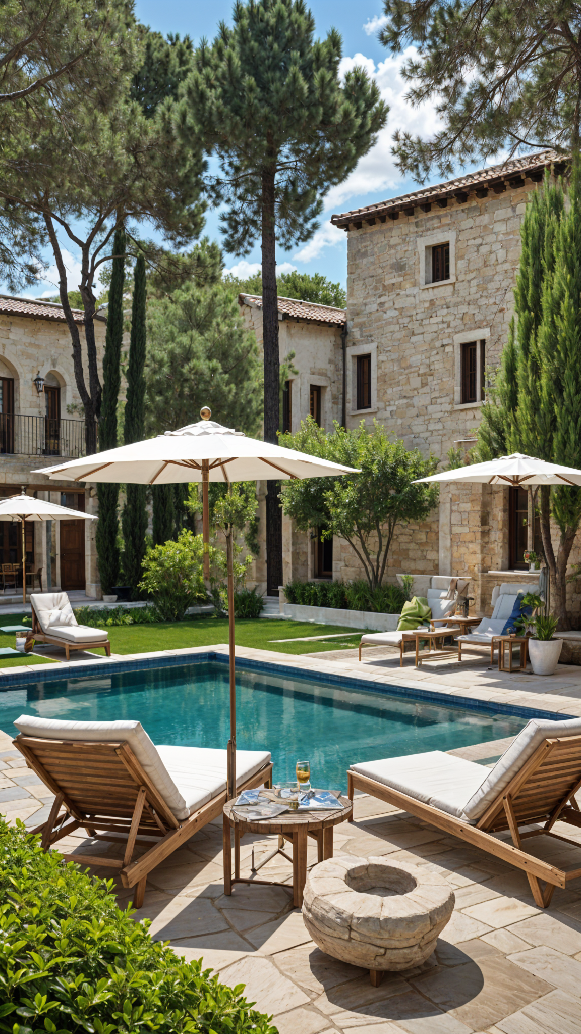 Mediterranean house exterior with pool, lounge chairs, and umbrellas