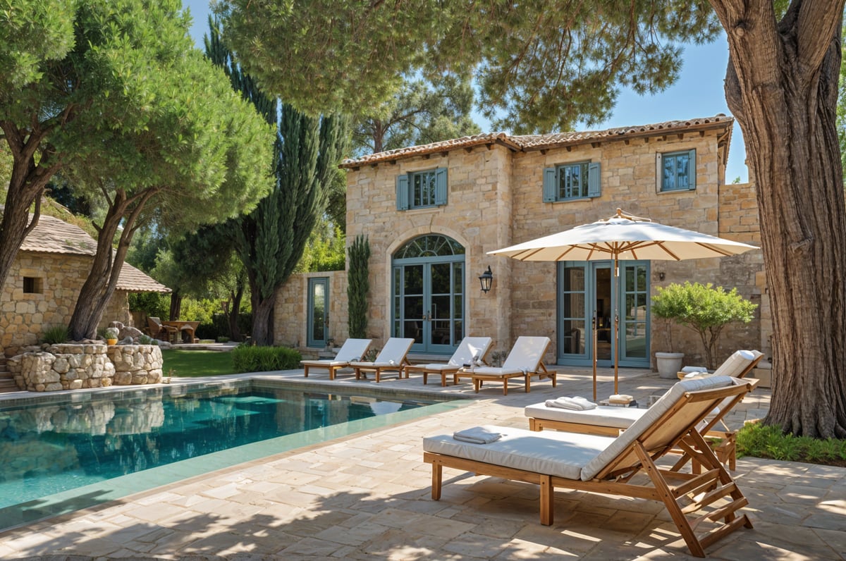 Mediterranean-style house with a large pool and patio area, featuring several chairs and a large umbrella.