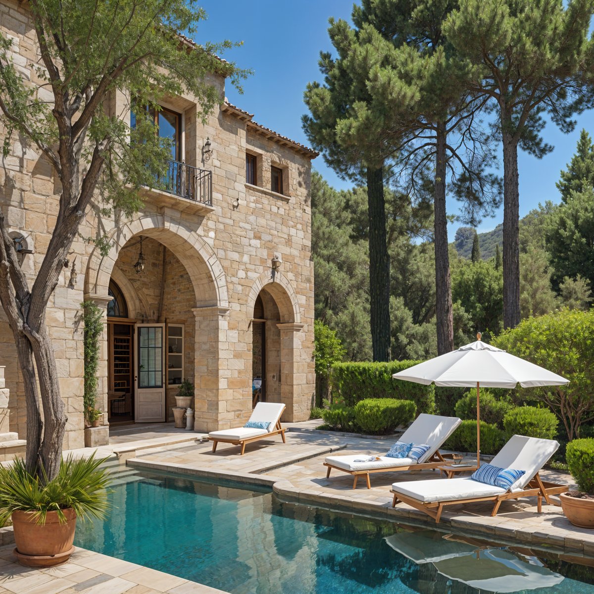 Mediterranean-style house with a large pool and patio area, featuring chairs and an umbrella for outdoor seating.