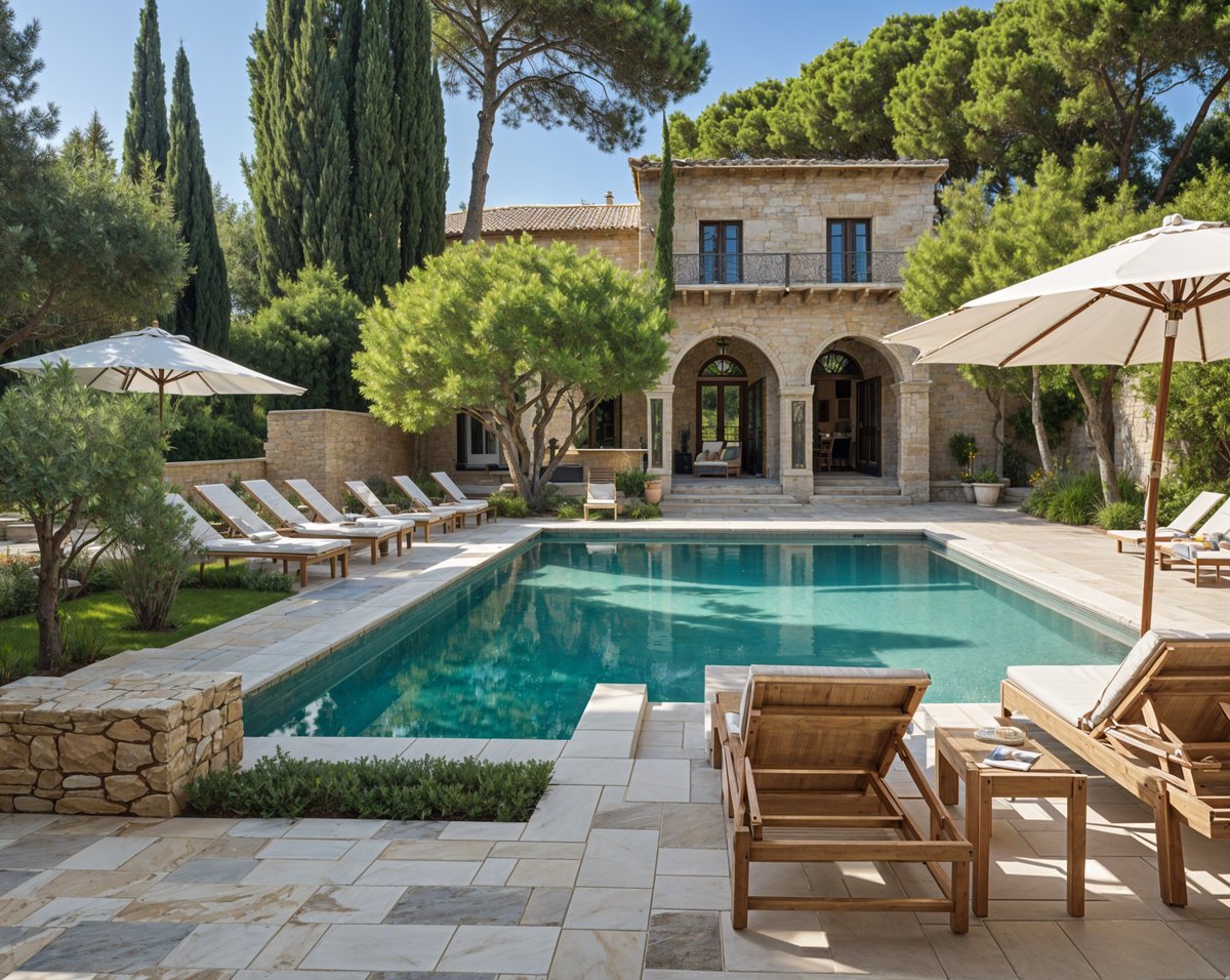 Mediterranean house exterior with a large swimming pool and patio area