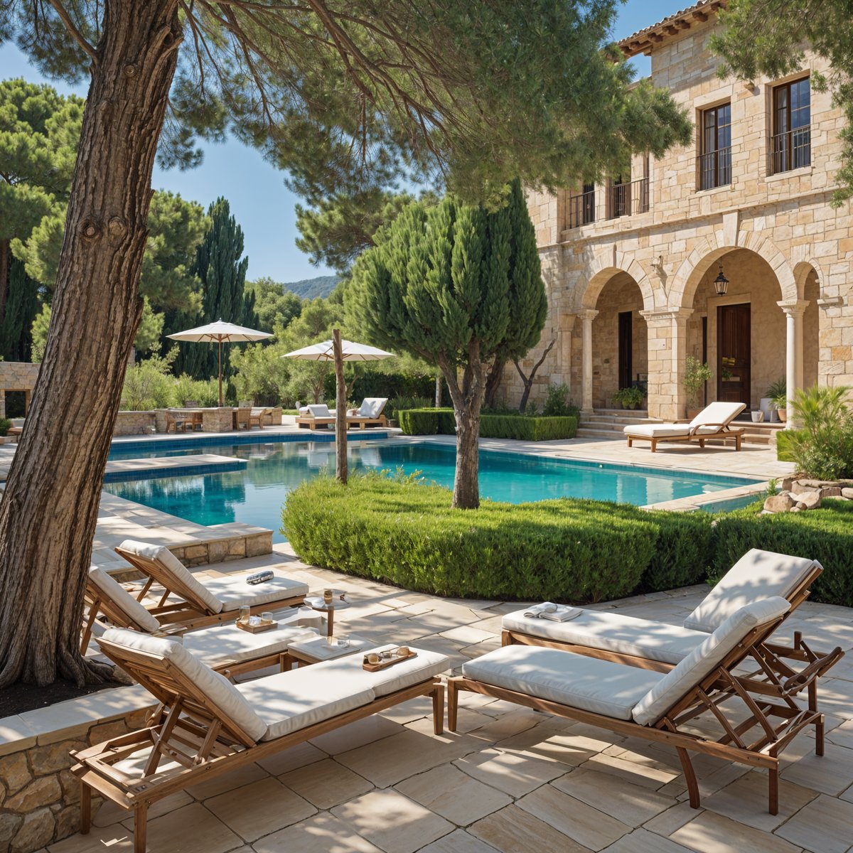 Mediterranean house exterior with a large swimming pool and patio area