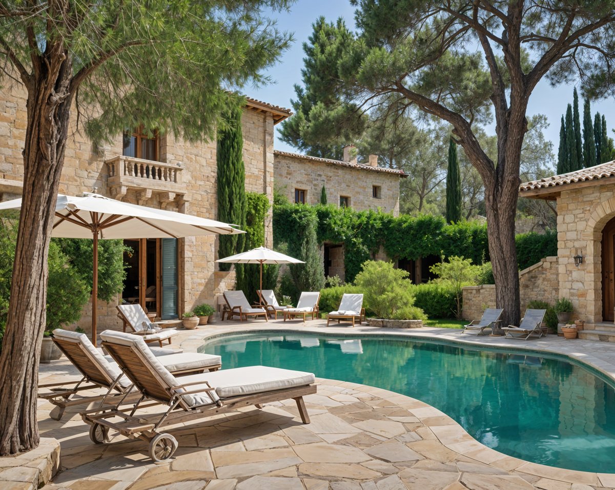 Mediterranean-style house with a large pool and patio area, featuring several chairs and an umbrella.