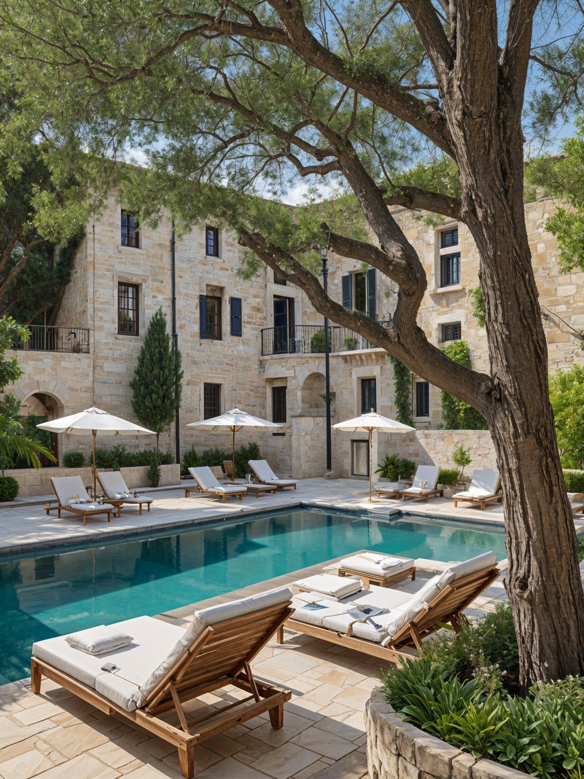 Mediterranean-style house exterior with a large swimming pool, lounge chairs and umbrellas