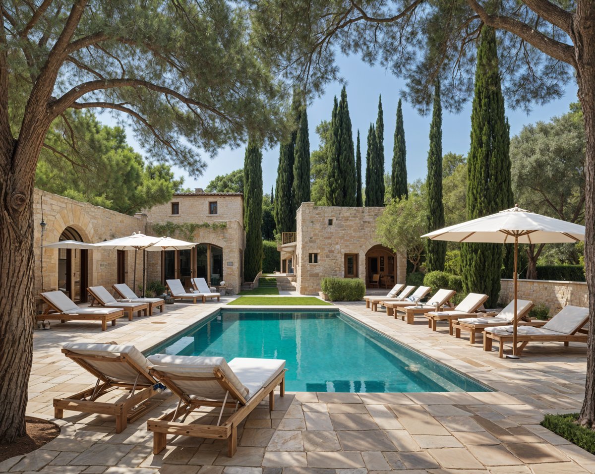 Mediterranean-style house with a large pool, chairs, and umbrellas in the backyard