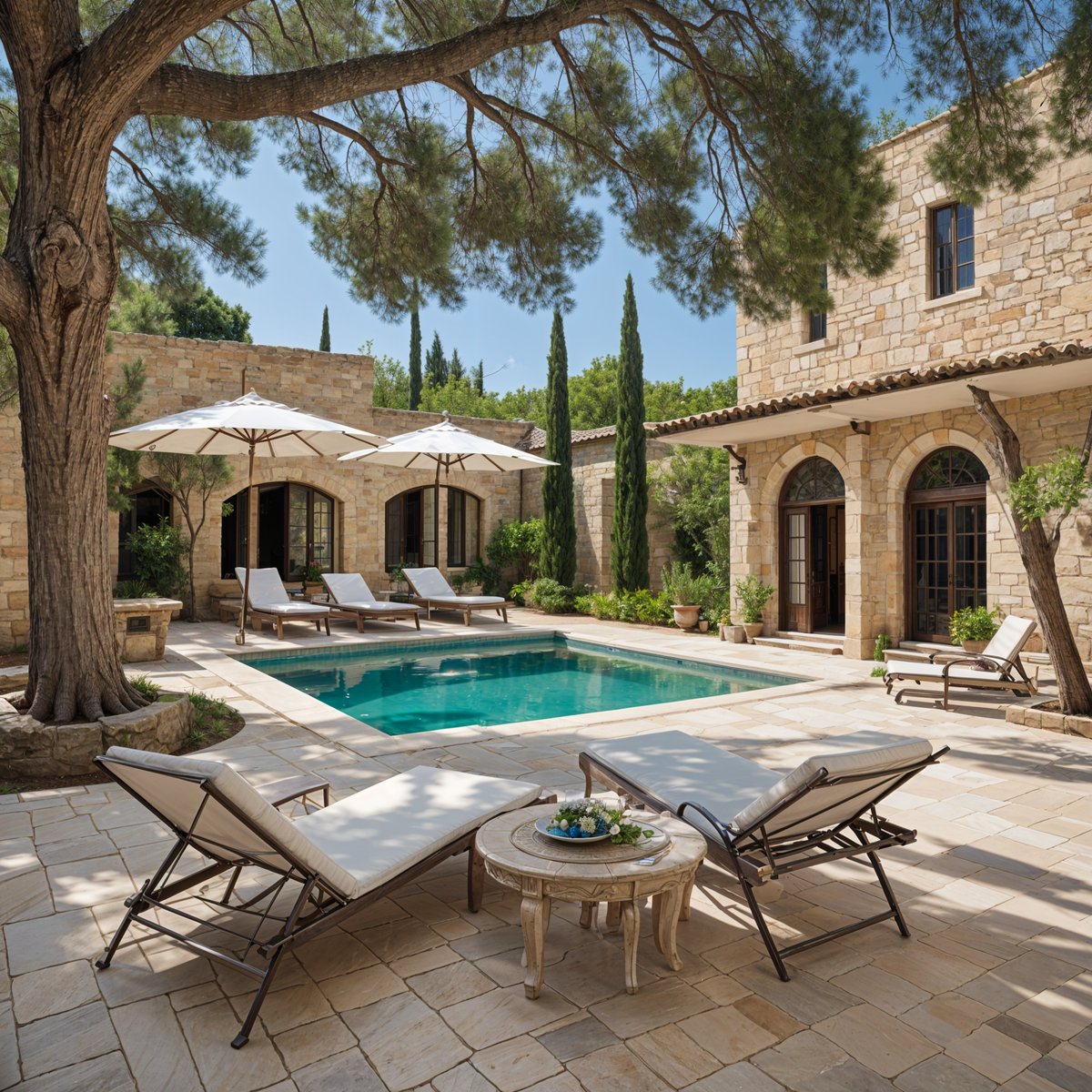 Mediterranean-style house with a large pool and patio area. The patio features several chairs and a dining table, all arranged under the shade of umbrellas. The house is surrounded by trees and has a stone exterior. The pool is blue and inviting.