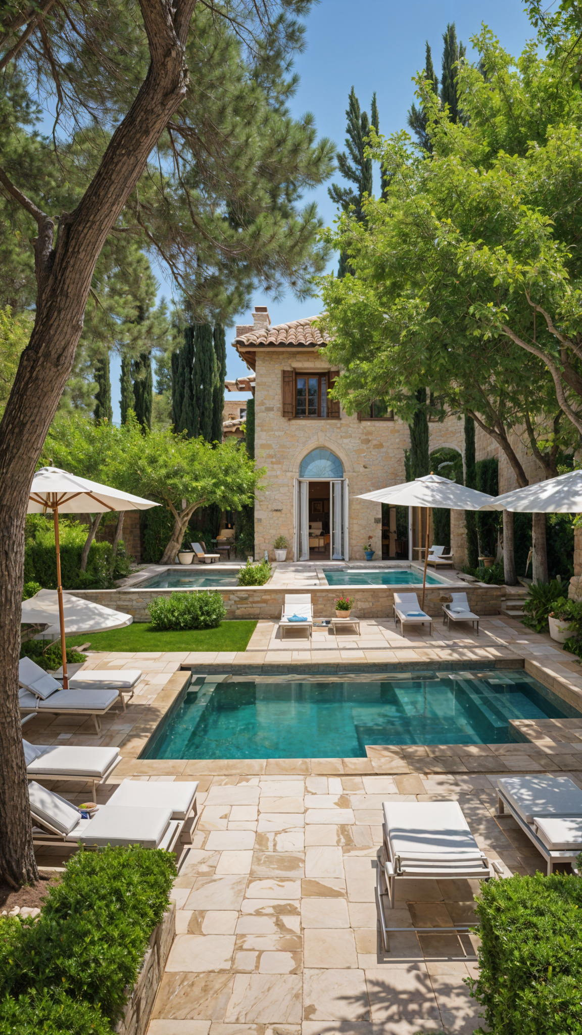 Mediterranean-style house with a large pool and patio area, featuring chairs and umbrellas for relaxation.