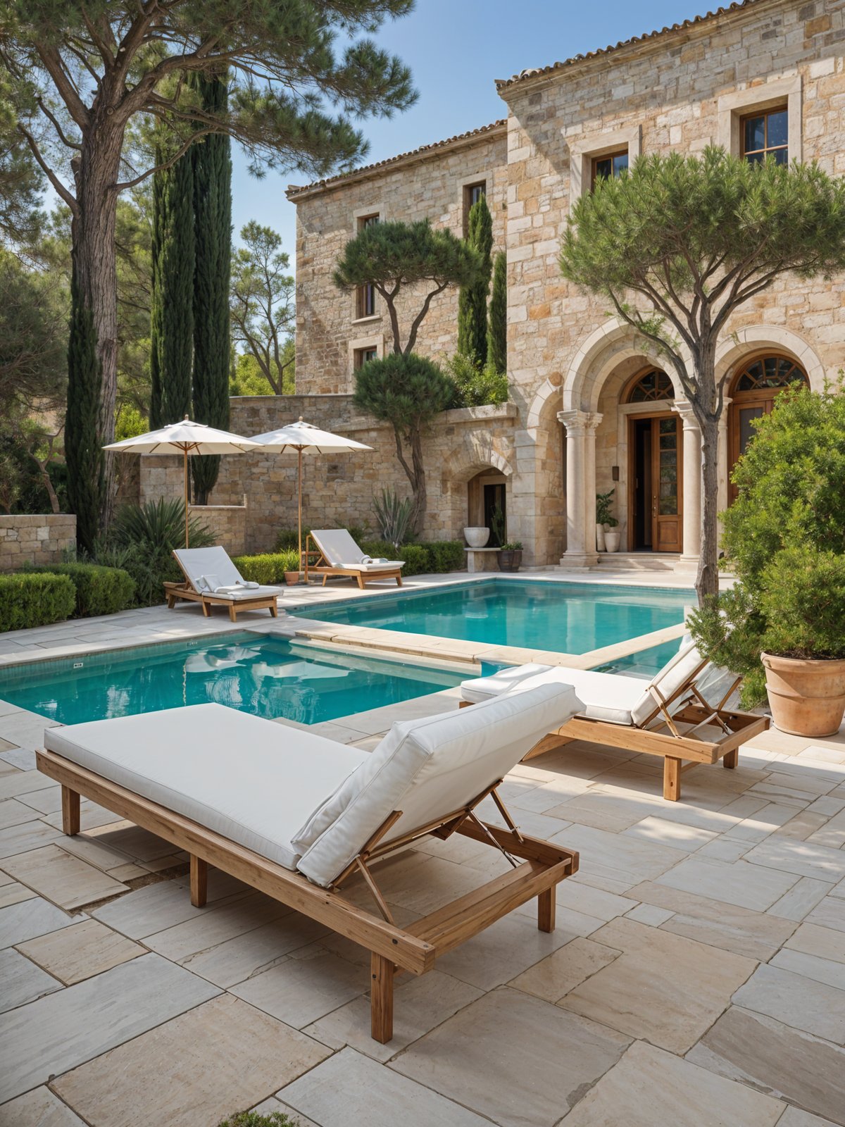 Mediterranean house exterior with pool and patio furniture