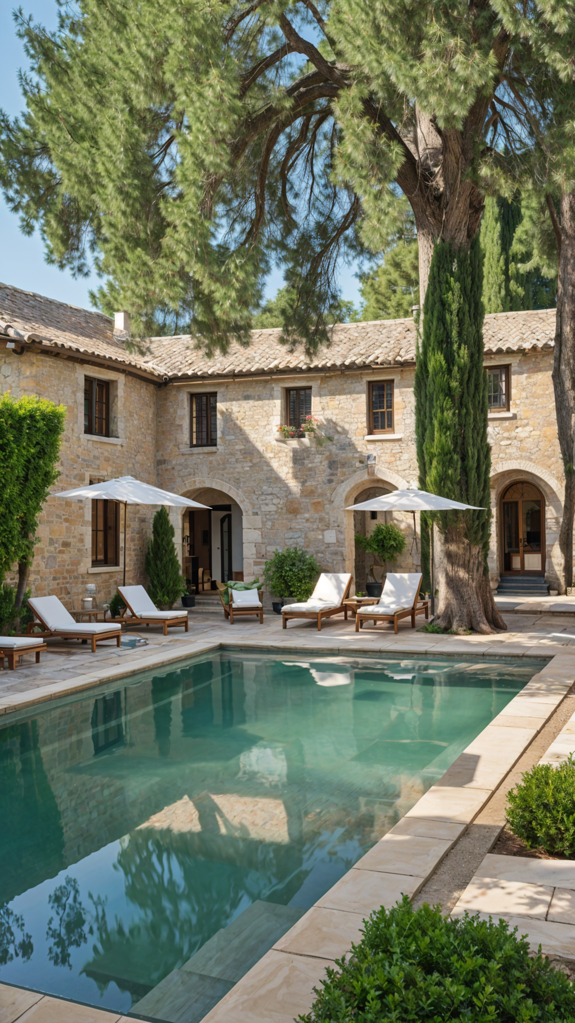 Mediterranean house exterior with pool and patio area