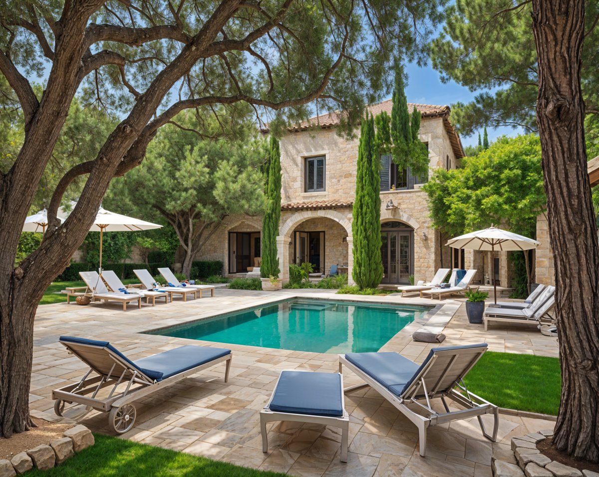 Mediterranean-style house exterior with a large pool and patio area, furnished with chairs and a dining table.