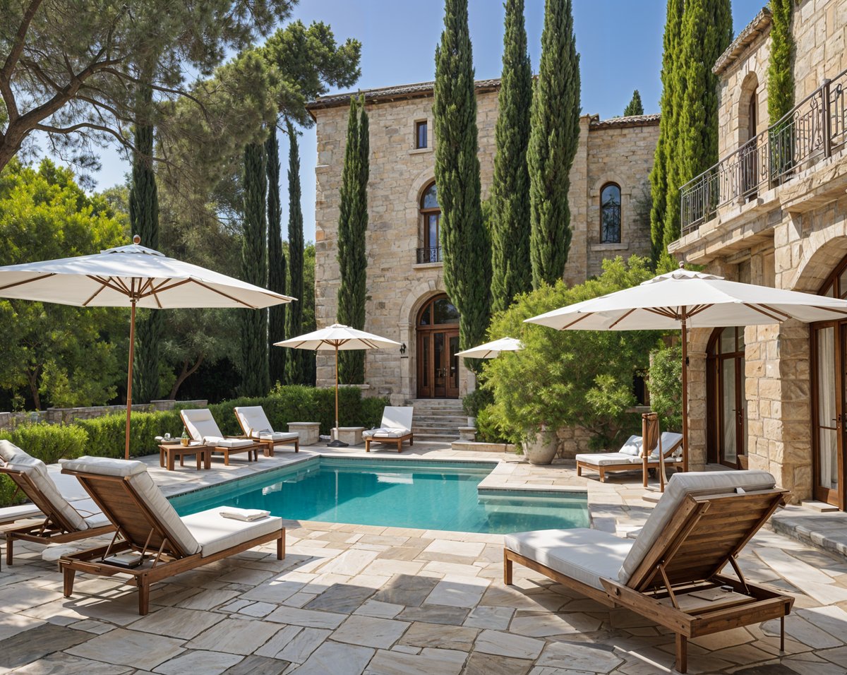 Mediterranean-style house exterior with a large pool and patio area, featuring several chairs and umbrellas.