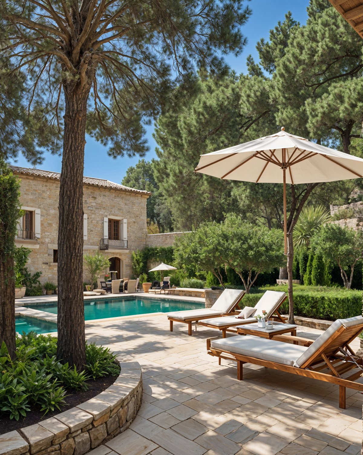 Mediterranean-style house with pool and patio area, featuring chairs and a large umbrella.