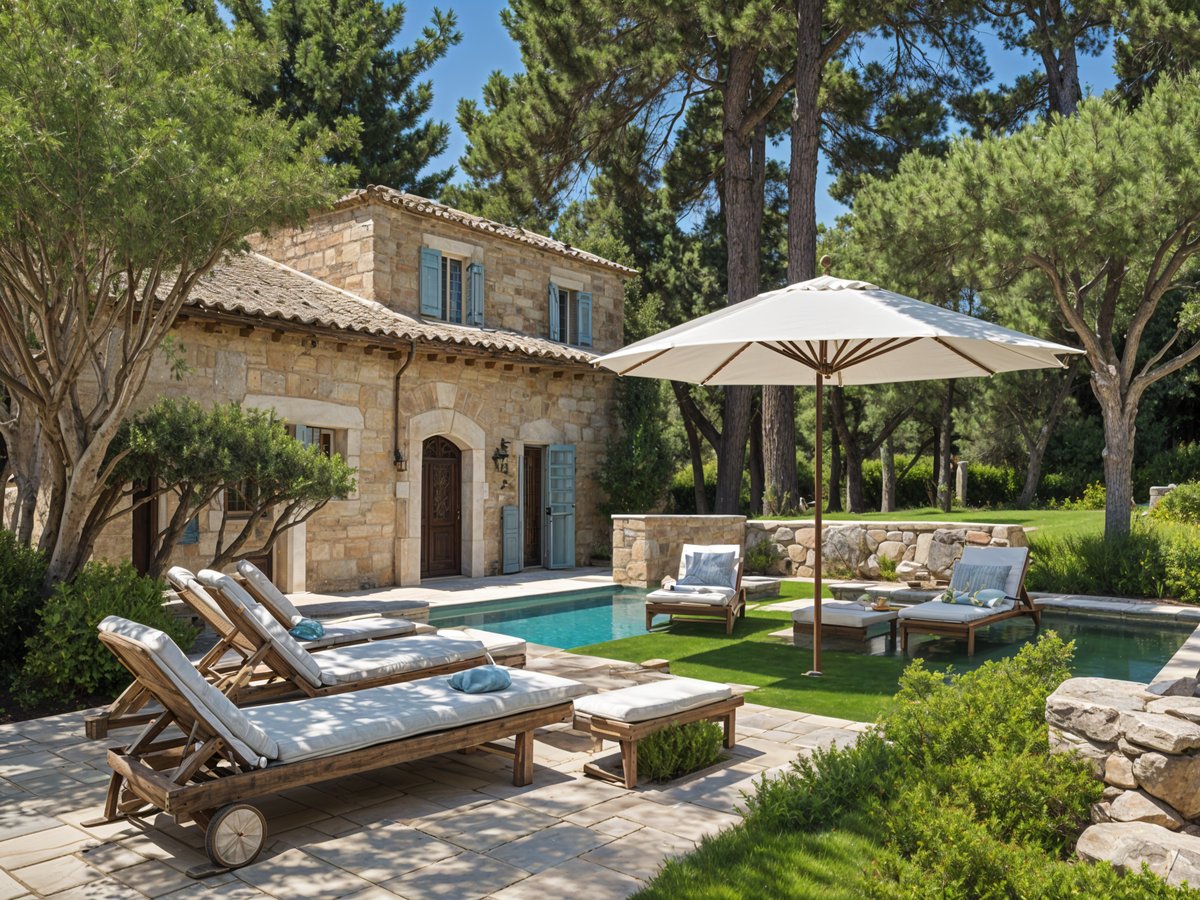 Mediterranean-style house with a large backyard featuring a pool and patio, furnished with chairs and an umbrella.