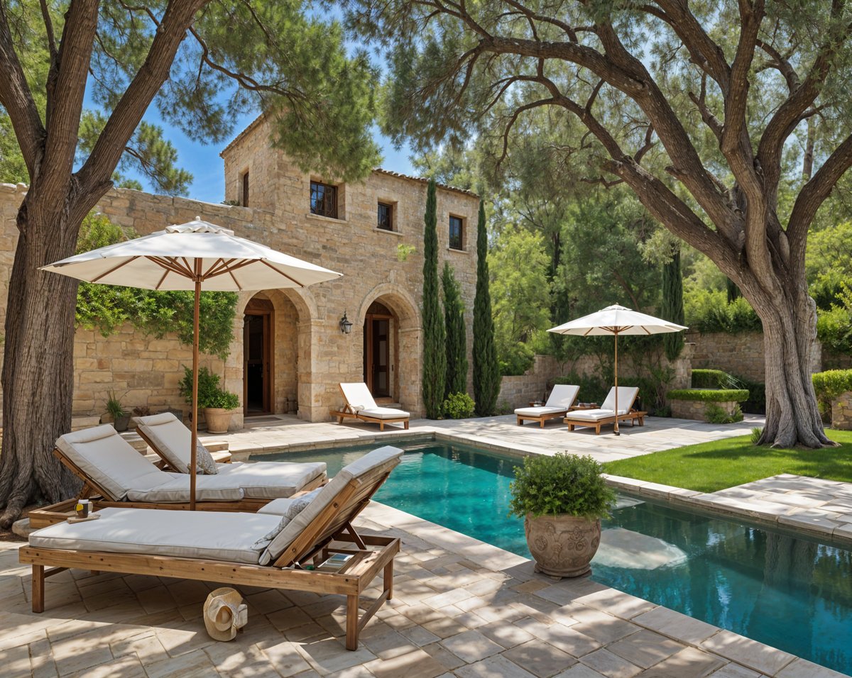 Mediterranean-style house with a pool, chairs, and umbrellas