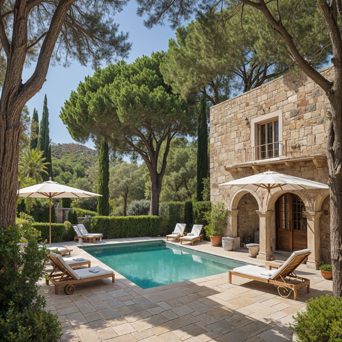 Mediterranean-style house with a pool and patio area