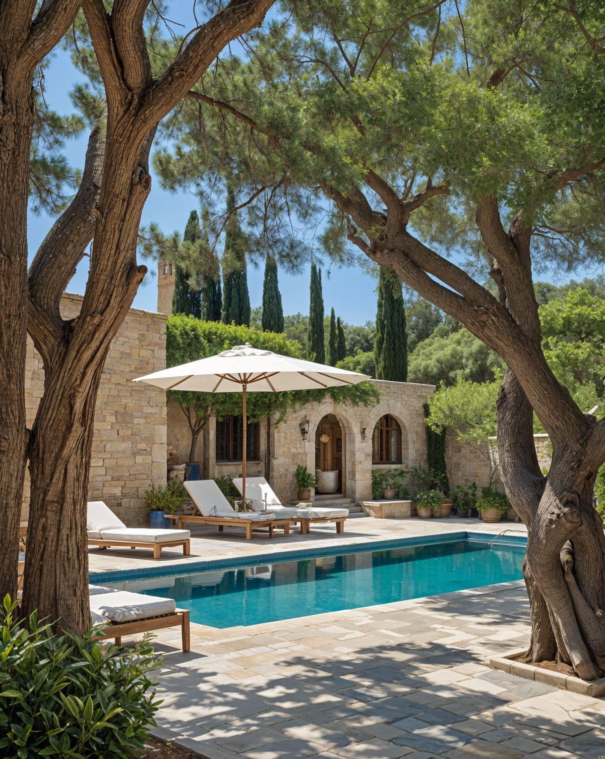 Mediterranean house exterior with pool, patio furniture, and umbrella