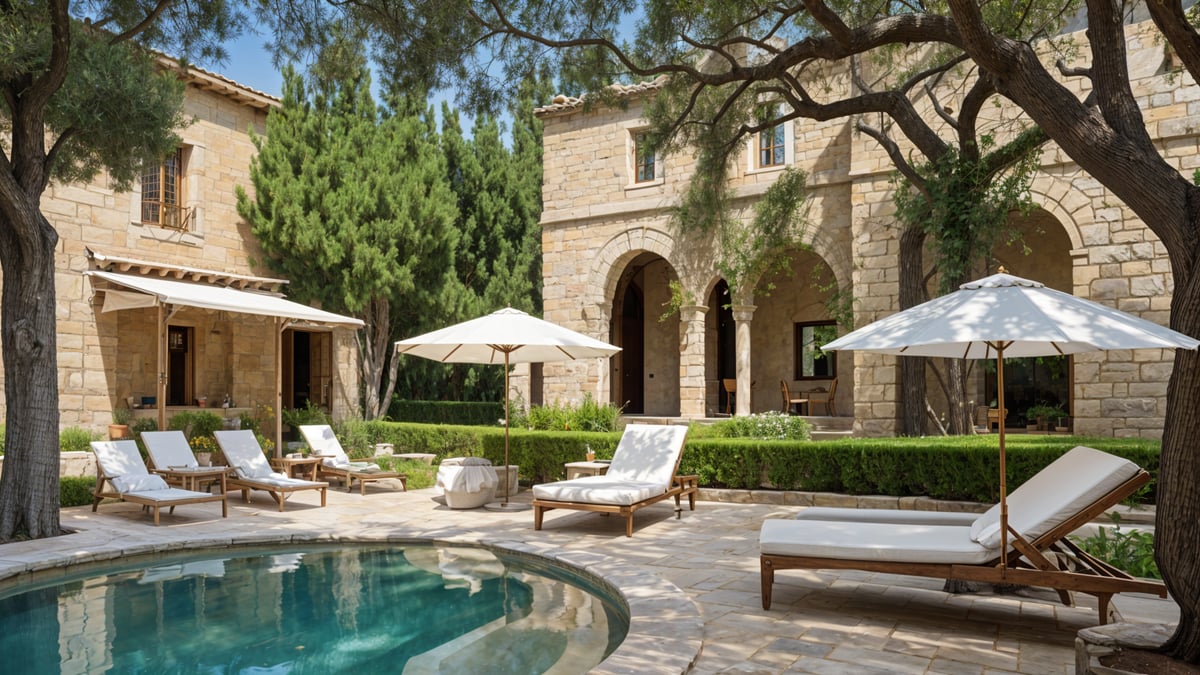 Mediterranean-style house exterior with pool and patio area, featuring chairs, a couch, a dining table, and umbrellas.