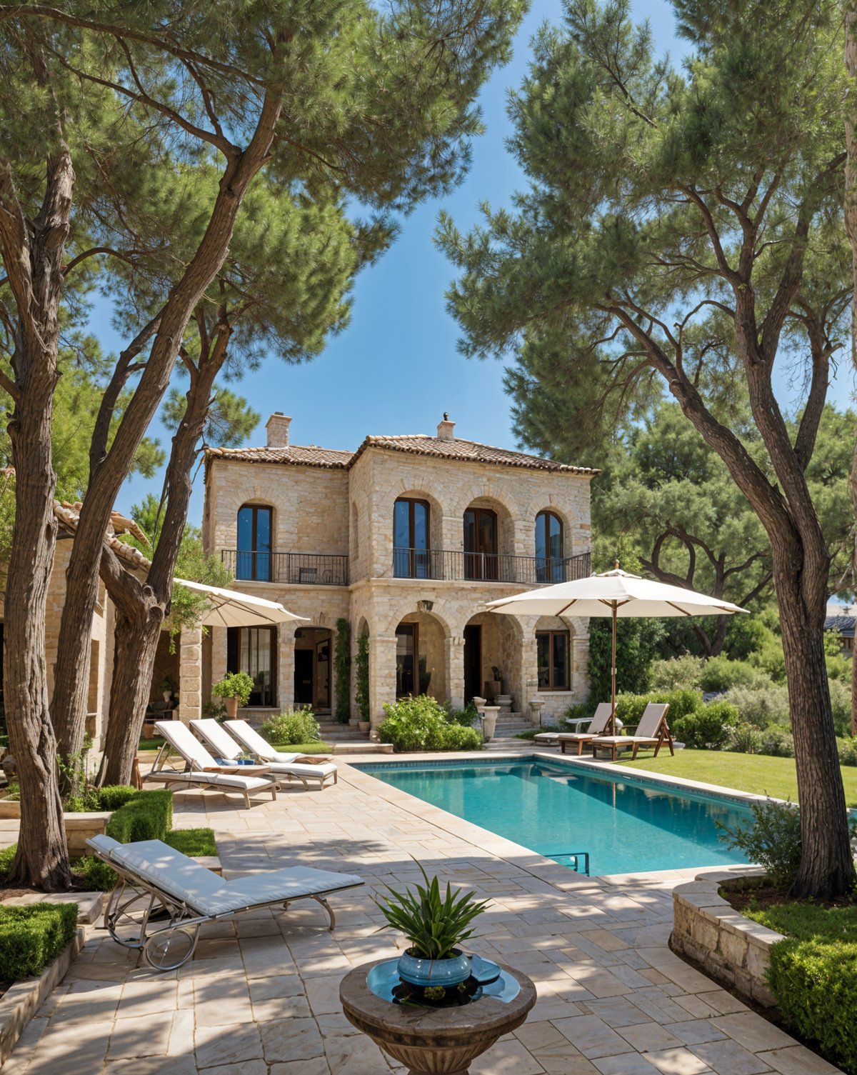 A Mediterranean-style house with a pool and patio area. The house has a red tile roof and a stone facade. The patio is furnished with chairs, umbrellas, and a potted plant. The pool is surrounded by a stone wall and is filled with crystal blue water.