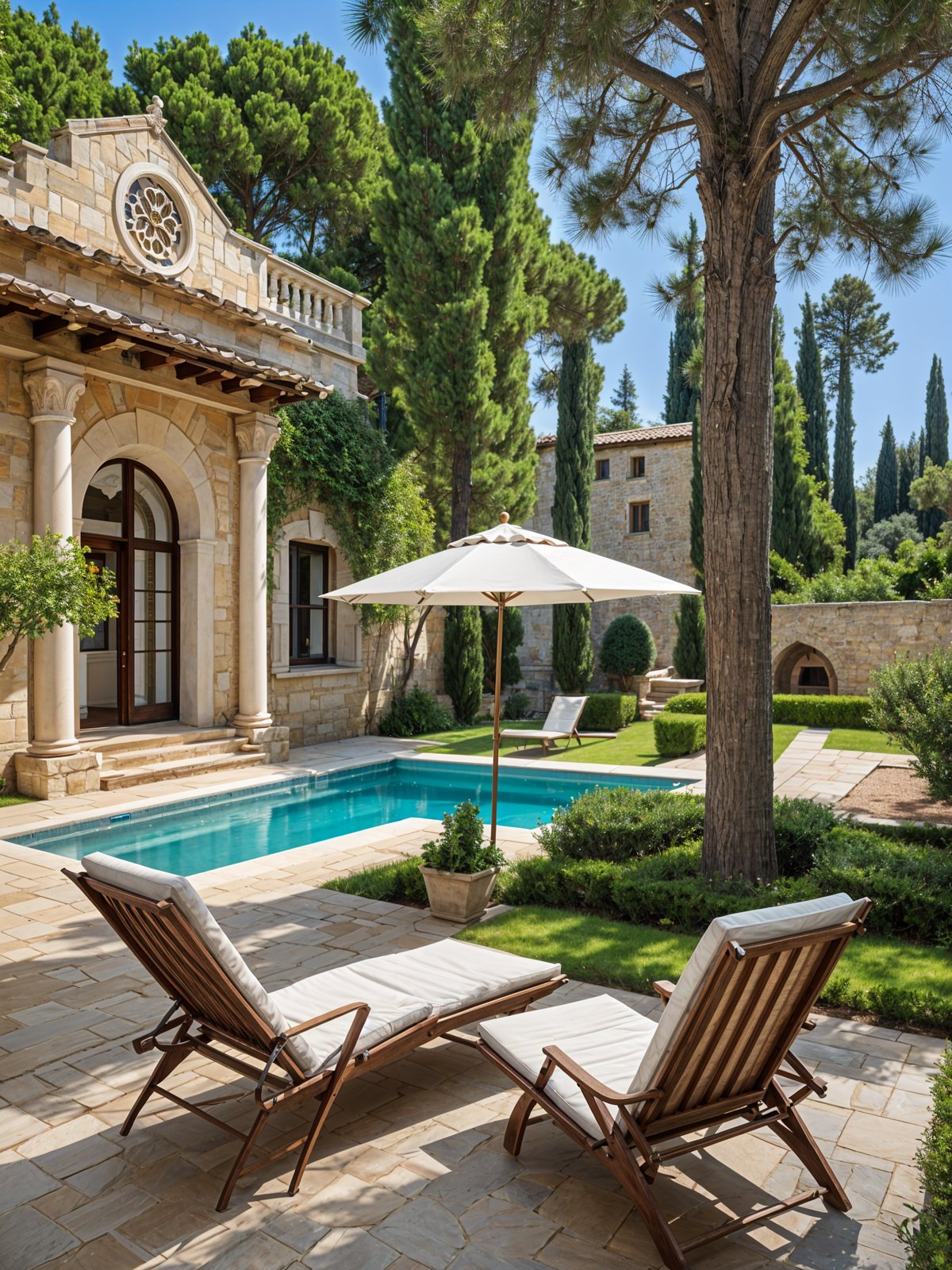 Mediterranean-style house exterior with a large pool, lounge chairs, and a tree. The chairs are placed under an umbrella, providing shade and comfort for those relaxing by the pool.