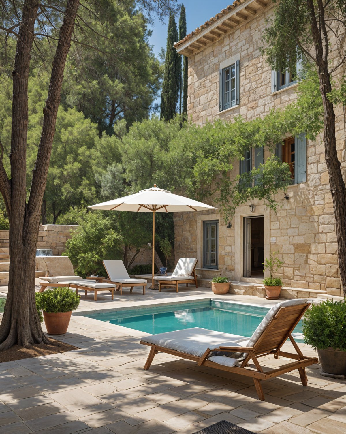 Mediterranean house exterior with pool, patio furniture, and tree