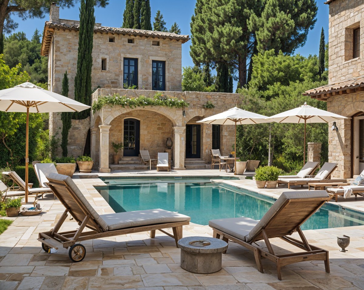 Mediterranean house exterior with pool and patio furniture