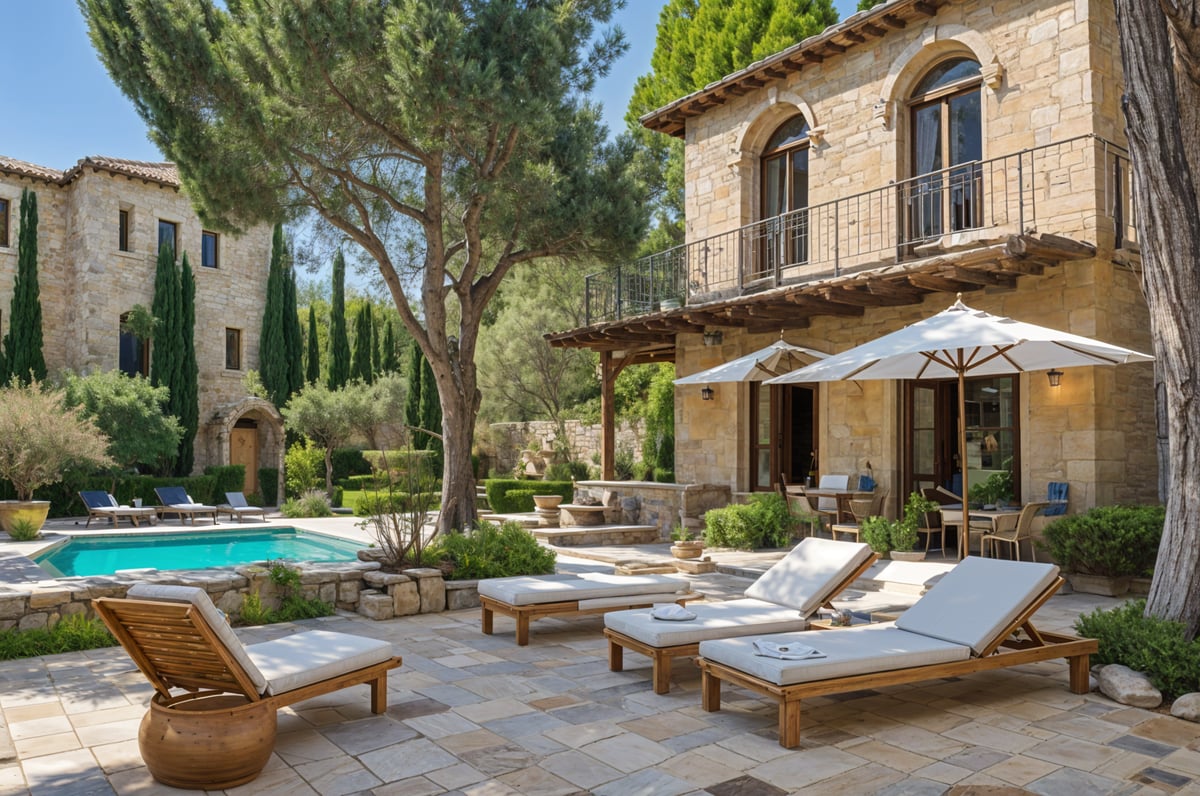 Mediterranean-style house with a large outdoor patio featuring a swimming pool, several chairs, and umbrellas.