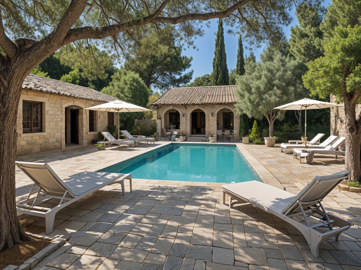 Mediterranean-style house with a large pool and patio area, featuring several chairs and umbrellas.