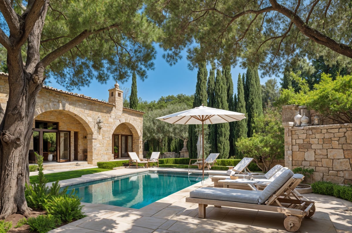 Mediterranean-style house with a large pool and patio area, featuring chairs, couch, umbrella, and potted plants.