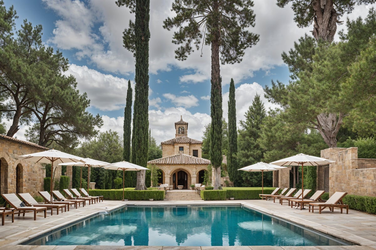 Mediterranean-style house with a large swimming pool and patio area, furnished with chairs and umbrellas.