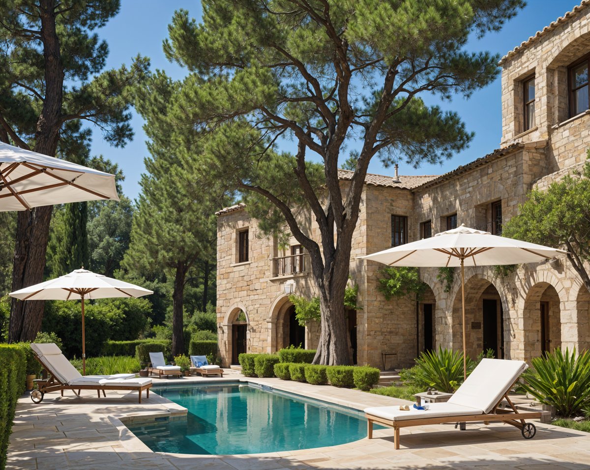 Mediterranean-style house with pool and patio area, featuring chairs and umbrellas for outdoor relaxation.