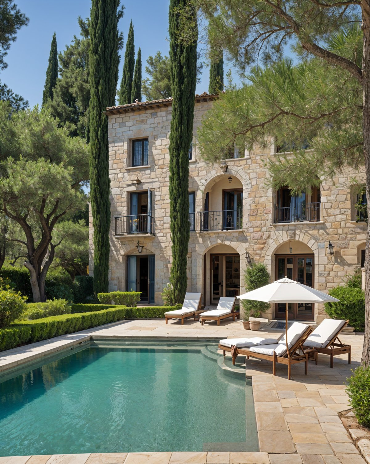 Mediterranean-style house with a large pool, lounge chairs, and a stone patio.