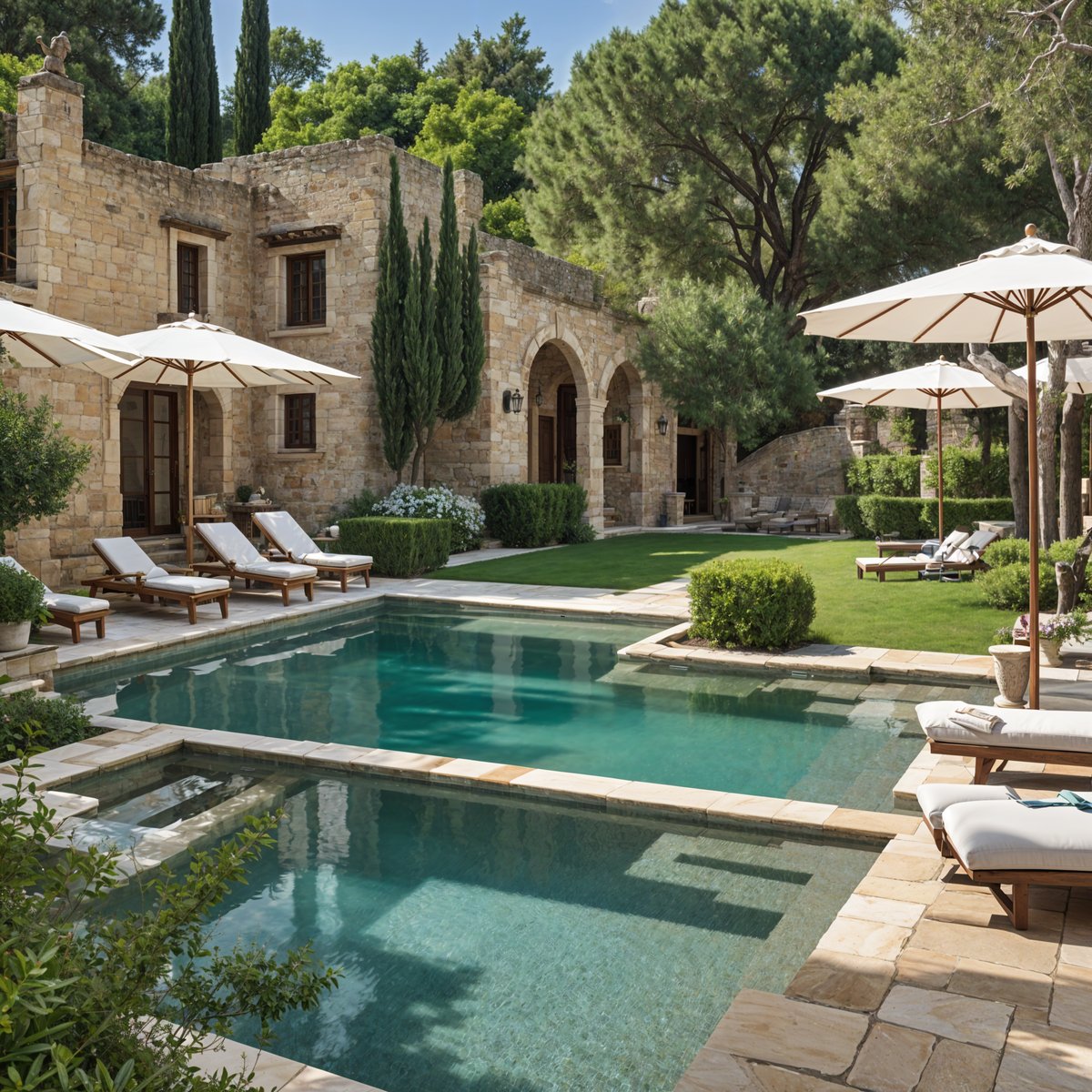 Mediterranean-style house with a large swimming pool and patio area, featuring chairs and umbrellas.