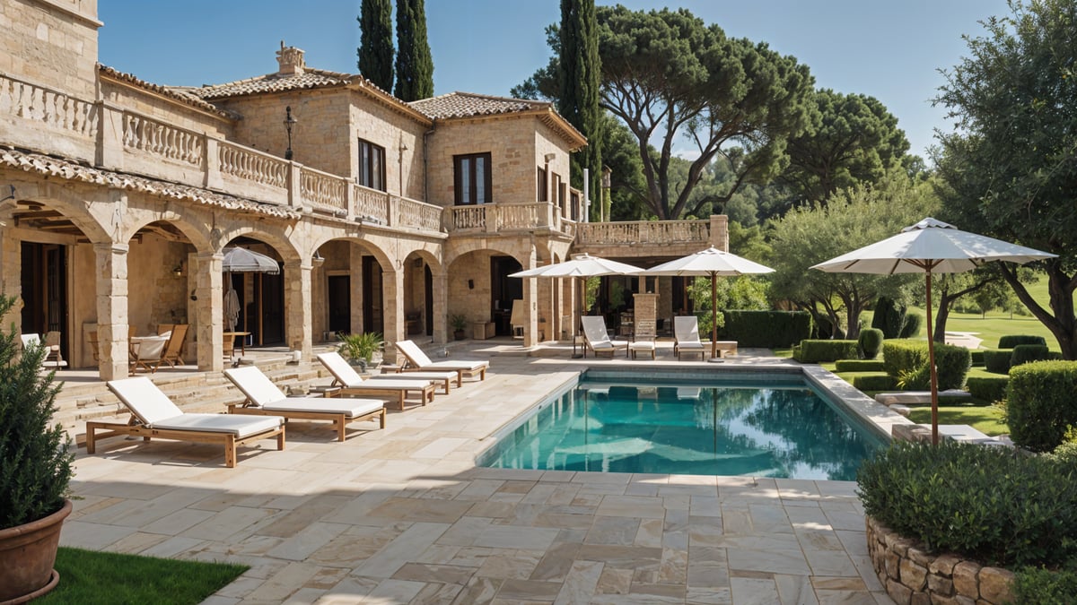 Mediterranean house exterior with pool and patio furniture