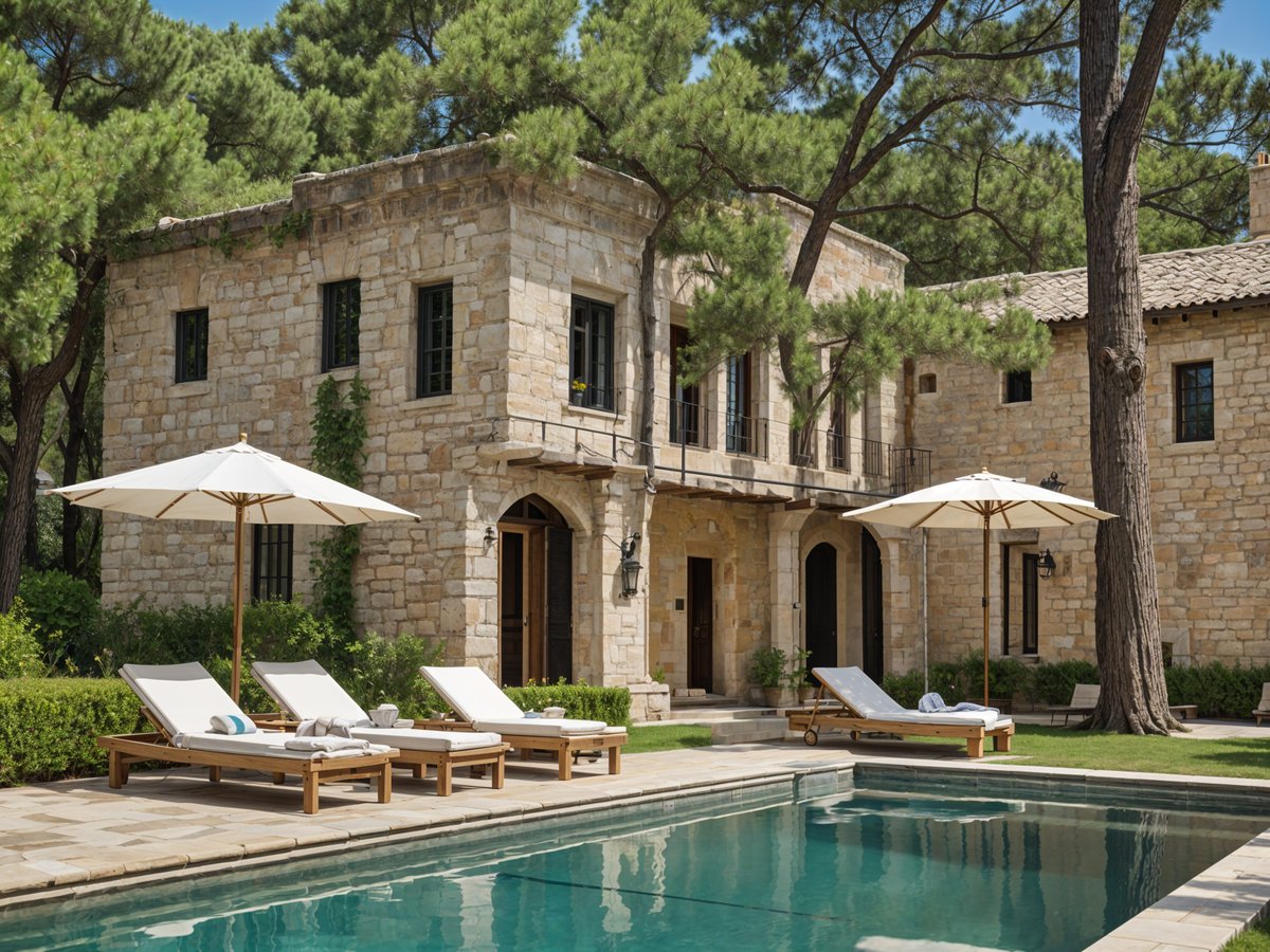 Mediterranean house exterior with pool and patio furniture