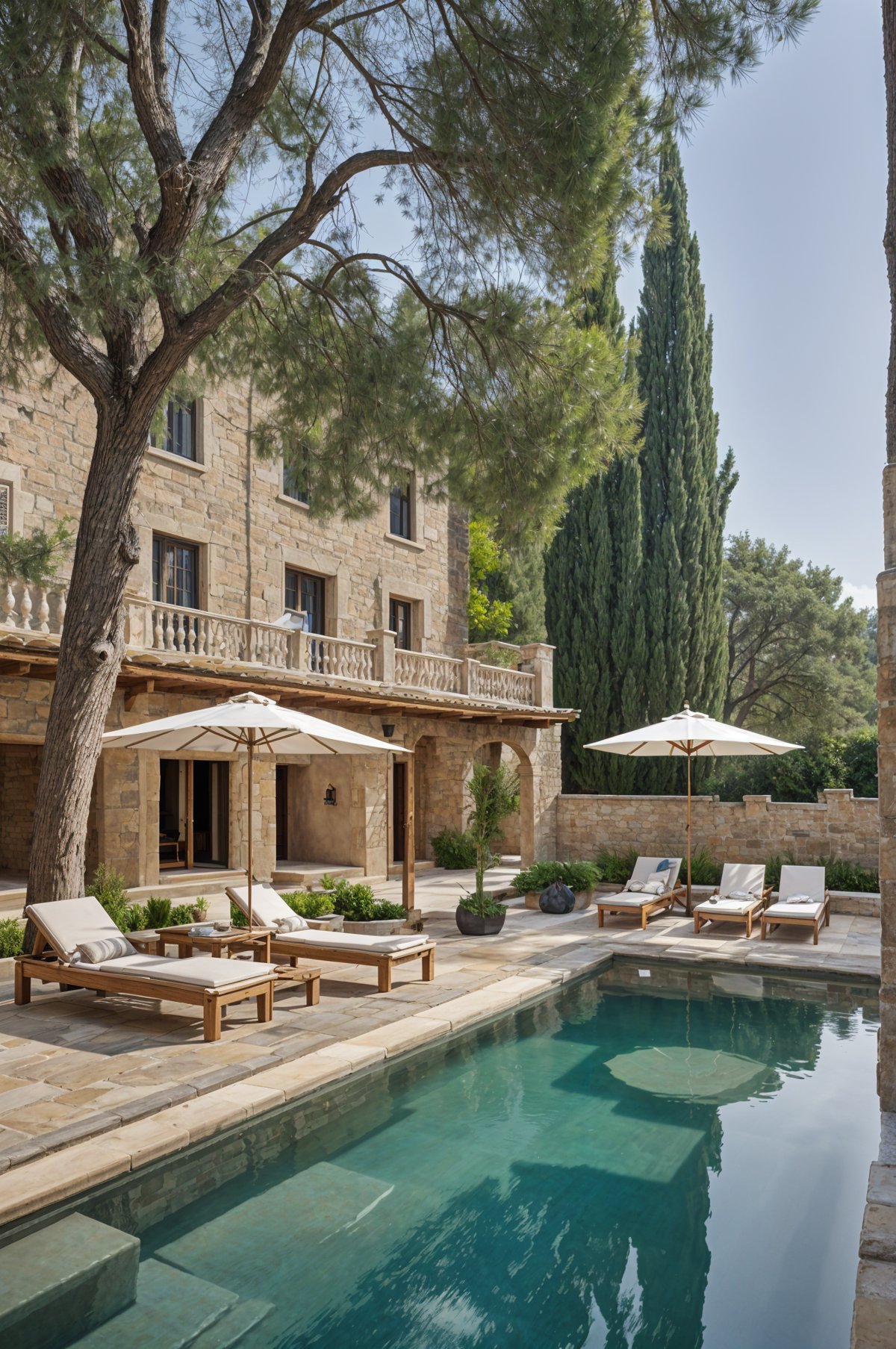 Mediterranean house exterior with pool, stone walls, and furniture