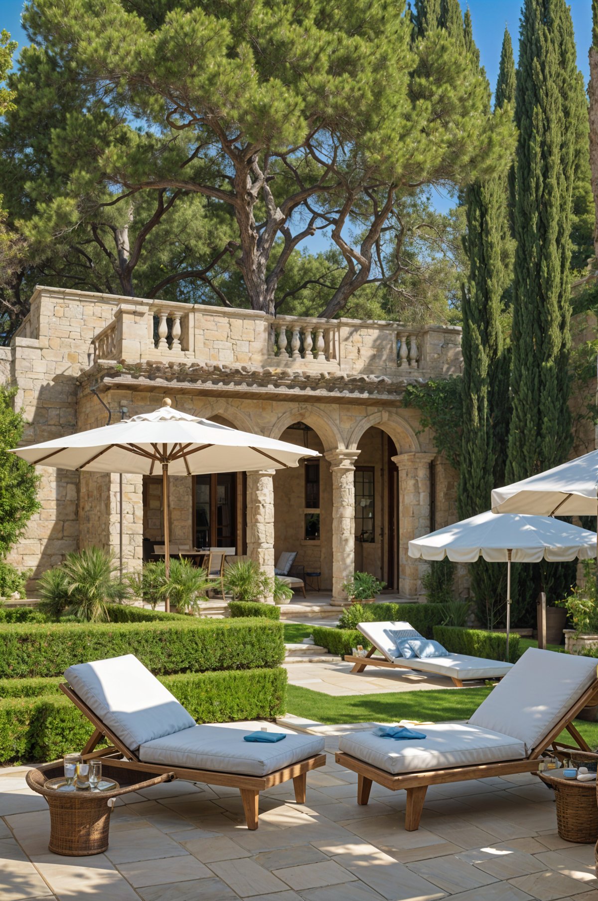 Mediterranean-style house exterior with patio furniture and umbrellas