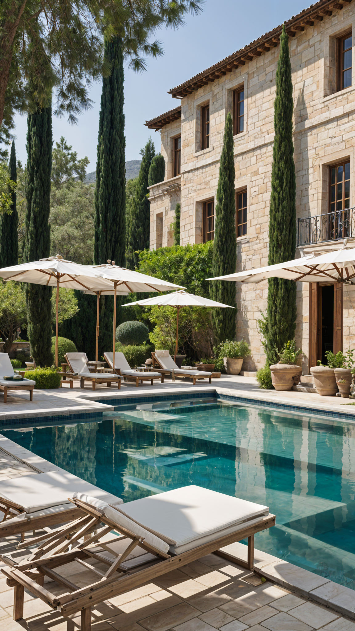 Mediterranean-style house exterior with a large pool and patio area, furnished with chairs and umbrellas, surrounded by potted plants.