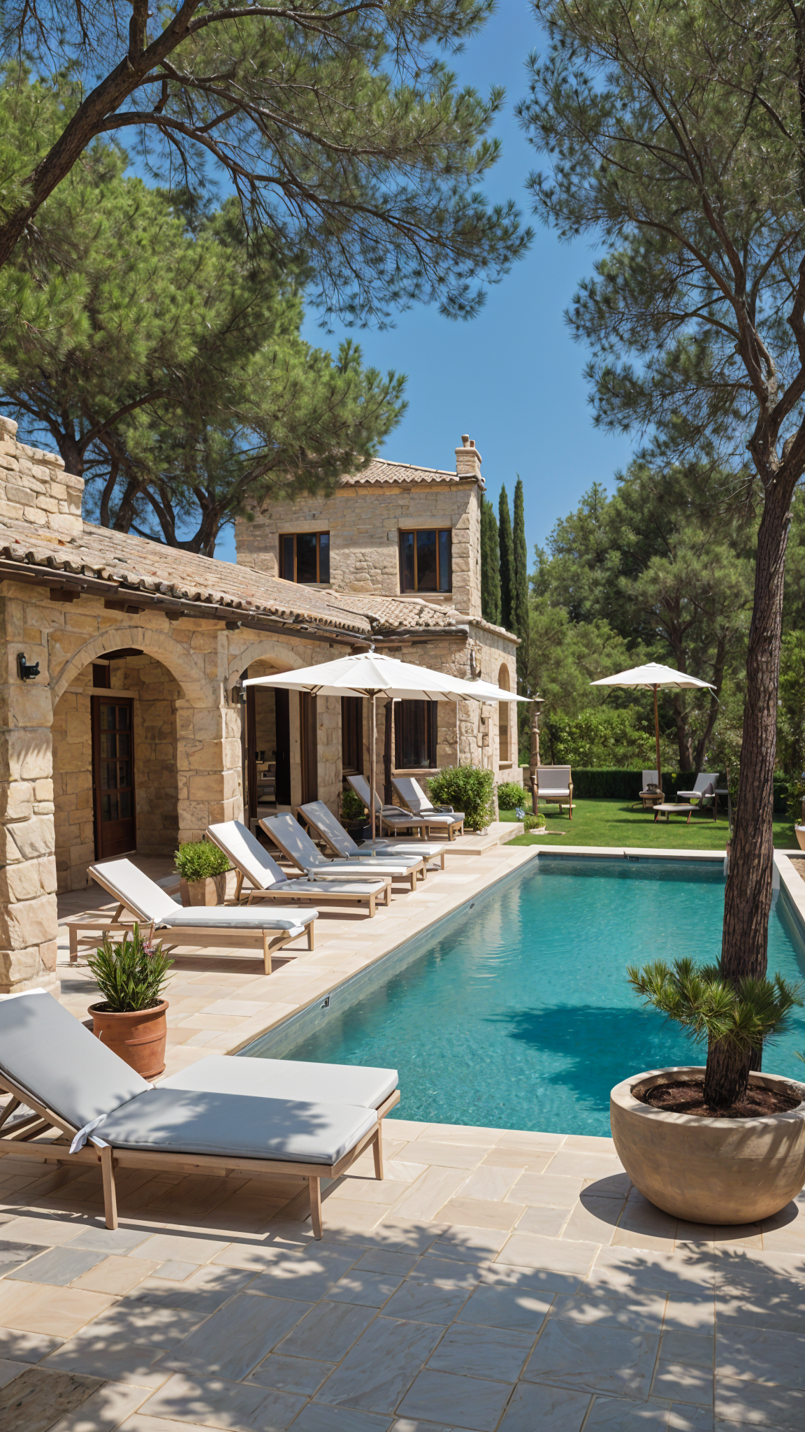 Mediterranean-style house with a large pool and patio area, featuring chairs and umbrellas.