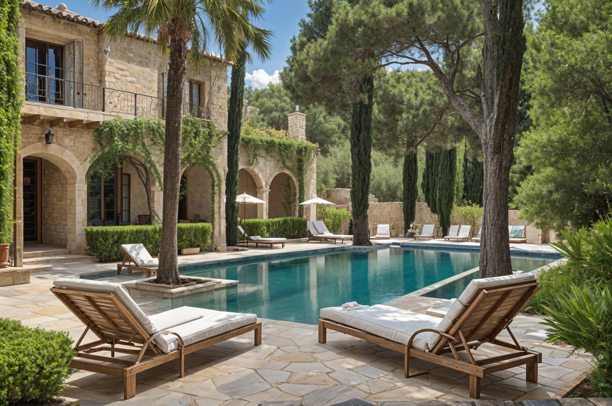 Mediterranean-style house with a large pool and patio area, furnished with chairs and a dining table, surrounded by trees.