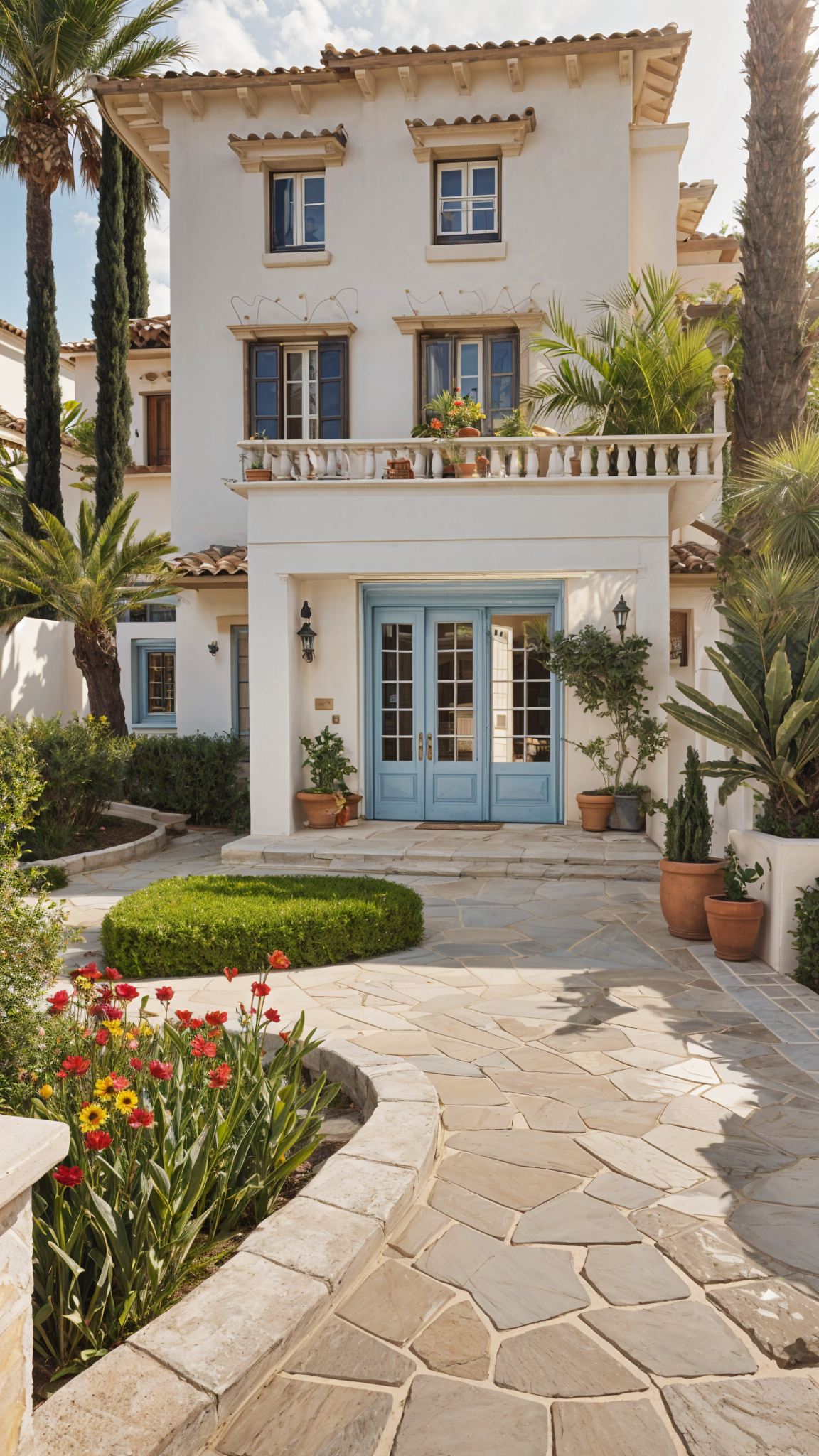 A blue door on a white house with a garden and potted plants and flowers.